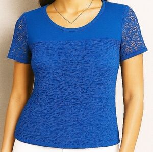 Calvin Klein Laced Overlay Short Sleeve Tee Shirt Royal Blue Large